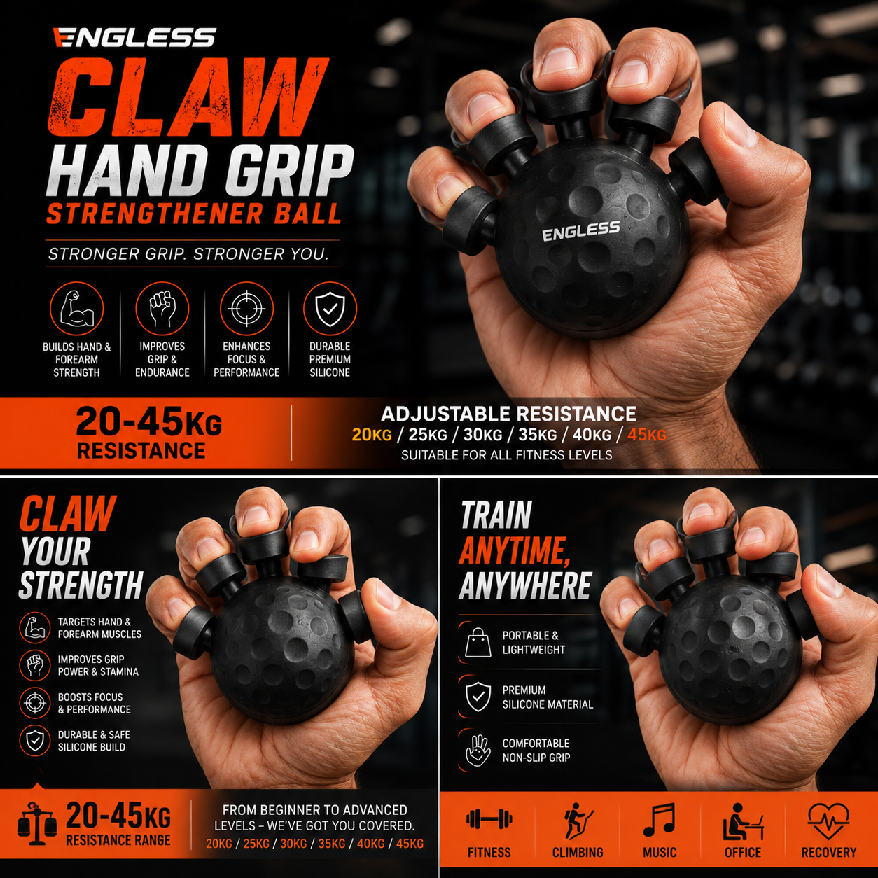 Pack of 1 (Random Colour) Engless Claw Hand Grip Strenghthener 20-45Kg Resistance